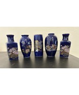 Vtg Miniature Japanese Vase Set CoBalt Gold Porcelain Mini Bud set of 5 - $41.57