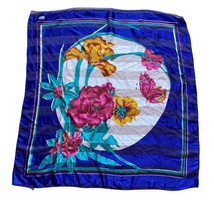 Scarf Blue Floral Colorful Flowers Sheer Square 38x40” Made In Korea - £20.07 GBP