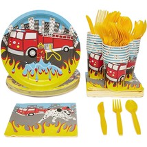 Fire Truck Party Supplies Paper Plates Cutlery (Set Of 24) - £32.22 GBP