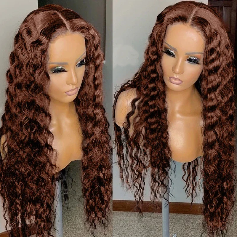 Chocolate Loose Deep Wave Human Hair Wig Brown Ocean Curly Lace Frontal Wigs f - £83.30 GBP+
