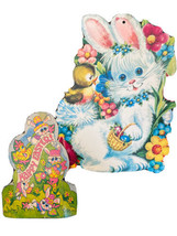 2 Vintage Easter Bunny Die Cut Decorations Lot tri-fold center piece - $19.77