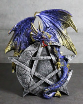 Sky Behemoth Blue And Gold Dragon Guarding Crescent Moon Pentagram Star Figurine - £21.38 GBP