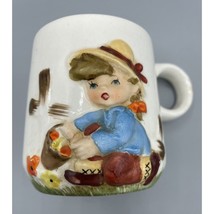 Vintage Japan Ceramic Small Mug Little Girl Picking Flowers 3D Kid Size - $114.16 MXN