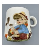 Vintage Japan Ceramic Small Mug Little Girl Picking Flowers 3D Kid Size - $6.09