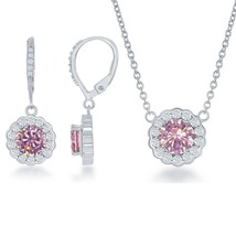 Sterling Silver October Birthstone CZ Border Round Earrings and Necklace Set - £76.29 GBP