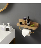 Beech wood toilet paper towel holder with shelf, Brass tissue roll holder - £67.16 GBP