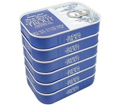 Trader Joe&#39;s Smoked Trout Fillets in Oil Skinless 3.9 oz Tin, (6 Pack)exp5/2025 - £30.08 GBP