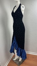 Vtg 80s Blue Velvet Dress Halter Studded Ruffle Hem Holiday Party Formal Sz 4 - £151.40 GBP