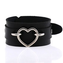 KMVEXO Silver Color Heart Wide Cuff Leather Bracelets Punk Rock Unisex B... - $13.36