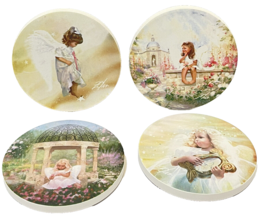 Angel Round Stone Coasters 4 Designs Foam Backed All Signed 4&quot; Diameter ... - $14.83