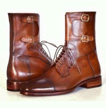 Men&#39;s New Handmade Tan Brown Leather High Ankle Dual Style Lace Up &amp; Double  - $152.99