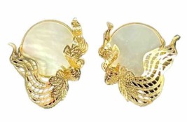 Fine 14K Yellow Gold &amp; Mother of Pearl Earrings Retro JOAN MICHLIN Wisteria Stud - £405.26 GBP