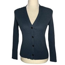 A New Day Button Up Cardigan Sweater M Grey Ribbed Knit V Neck Long Sleeves - £14.73 GBP