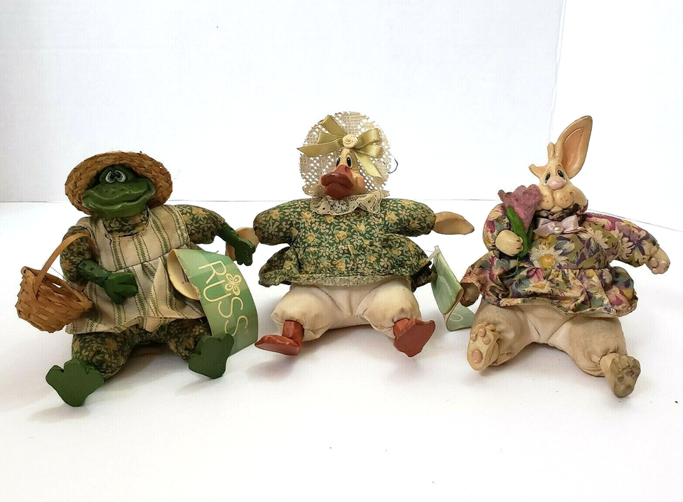 Country Folks Russ Berrie Bunny Frog Duck Figurines Shelf Sitter set of 3 - £10.38 GBP