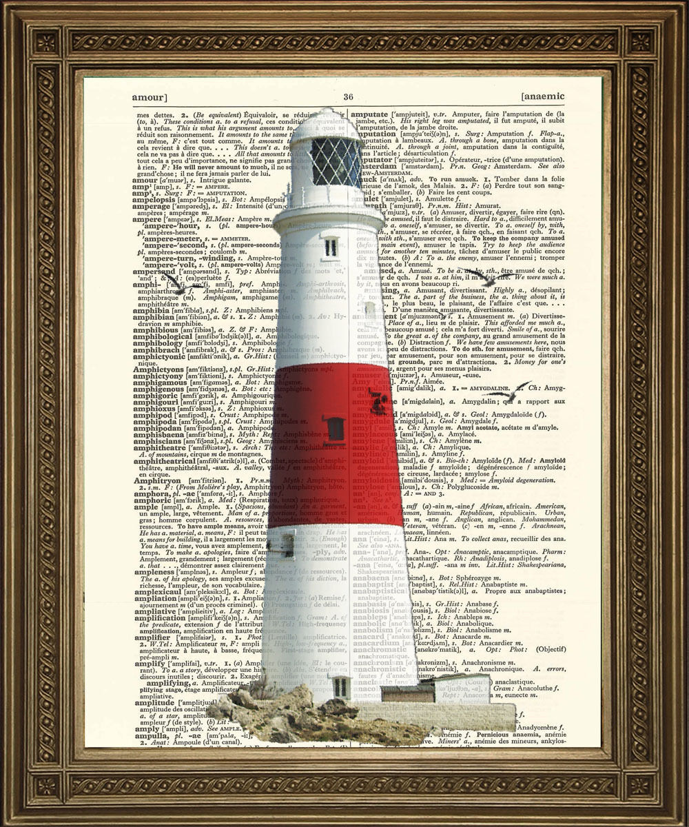 Primary image for LIGHTHOUSE PRINT, Vintage Red and White Seaside Coast Art