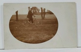 RPPC Older Man Riding Bicycle c1928 Real Photo Postcard L9 - £7.19 GBP