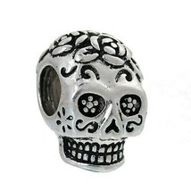 5 pcs Sugar Skull Beads Dia De Los Muertos Silver 15mm Big 5mm Drill Hole - £9.64 GBP