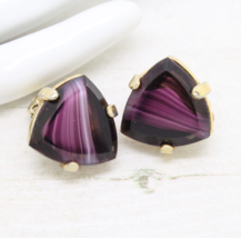 Vintage Signed SPHINX Royal Purple Agate Art Glass Clip On EARRINGS Jewe... - $30.09