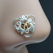 Real Indian 925 Sterling Silver Brown White CZ Studded Twisted nose ring 22g - £11.16 GBP