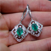 CZ Green Emerald 3.10Ct Oval Cut Dangle Earrings 14K White Gold Silver Plated - £90.35 GBP