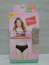 Hanes 3-Pack Tagless Microfiber Invisible Lace Bikinis, Pink/Tan/Ivory, Size 10 - £7.18 GBP