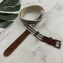 Womens Vintage Unbranded Woven Belt Size L White Blue Stripe Leather Trim - $351.07 MXN