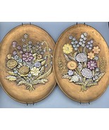 Vtg 70s Oval Floral Wall Plaques Set Of 2 Hand-Painted 3D Relief Art Gold - $814.55 MXN