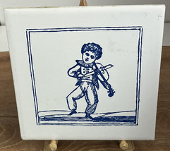 H &amp; R Johnson Ceramic Wall Tile Trivet Blue &amp; White Child Playing Violin Display - £10.47 GBP