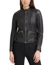 GUESS BLACK SOFT GENUINE LEATHER QUILTED SHOULDERS MOTORCYCLE JACKET XSNWT - £149.64 GBP