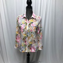 Notations Blouse Womens Small Petite Pink Yellow Floral Sheer Button Up ... - £9.97 GBP