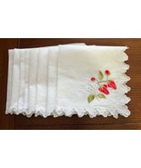 8 Vintage Luncheon Napkins Sheer White w Embroidered Strawberries Scallo... - $34.79 CAD