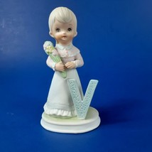 Letter V Initial Girl Figurine Lefton 03451 VTG 1982 4&quot; Fine Porcelain - $5.87