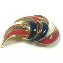 Vintage Brooch Pin Red White Blue Enamel Gold Tone Abstract Leaf 2.2&quot; X ... - £14.95 GBP