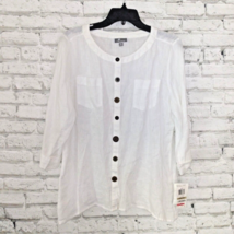 JM Collection Blouse Womens 12 Petite White Linen 3/4 Sleeve Shirt Top Button Up - £27.83 GBP