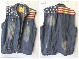 New Tang Ku Mens American Flag USA Dark Denim Biker Vest Sz L Distressed Patriot - £35.76 GBP