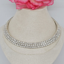 Vintage Clear Rhinestones Silver Tone Choker Necklace - £13.50 GBP