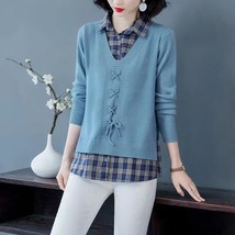 Stylish Button Spliced  Up Fake Two Pieces Lattice Blouse Women Clothing 2022 Au - £44.14 GBP
