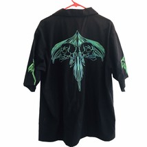 Vtg Dragonfly Roadhouse Skull Phantasm Tribal Black &amp; Green Embroidered XL Shirt - £41.72 GBP