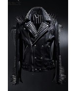 Mens Punk Style Full Black Biker Long Spikes Studded Leather Jacket Long... - £317.95 GBP
