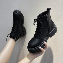 Black Platform Boots Women Boots Winter Leathe Boots Lace Up Ankle Boots Motorcy - £39.17 GBP