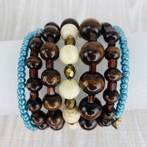 Brown Wood Bead Jasper Cream Stone Teal Crystal 6 Stack Wrap Bracelet Heart - £31.89 GBP