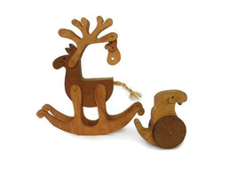 Vintage Primitive Wooden Toys Rocking Reindeer and Baby Snake on Wheels - £31.97 GBP