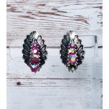 Vintage Clip On Earrings - Dark Silver Tone &amp; Red Iridescent - One Gem Missing - $8.99