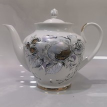 Vintage Lomonosov Tea Pot LFZ Porcelain Floral Teapot Gray White Gold Pearl - £37.08 GBP