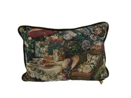 Newport Colorful Tapestry Throw Green Pillow Teapot Garden Flowers Scene... - $41.58