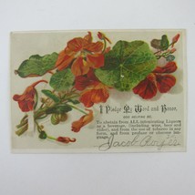 Victorian Card Red Nasturtium Flowers Green Leaves Religious Pledge Antique - £4.78 GBP