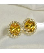 14k White Gold Plated 4.20Ct Oval Cut Simulated Citrine Halo Stud Earrin... - £82.36 GBP