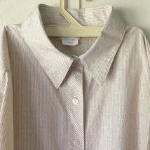 bon worth short sleeve button down blouse top khaki size L petite stripe pattern - £15.53 GBP