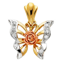 Precious Stars 14k Tri-Tone Gold Cubic Zirconia Butterfly and Rose Pendant - £195.18 GBP