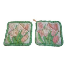 Spring Tulips Easter Vintage Set of 2 Green and Pink Potholders 7” Cotta... - $23.36